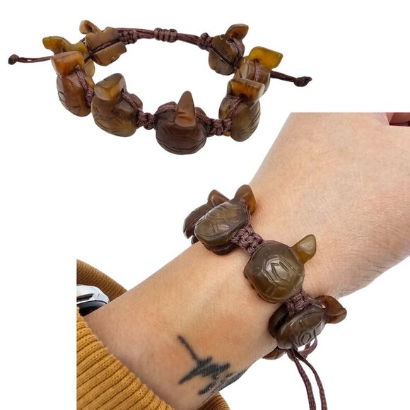 Vintage Hand Carved Stone Turtle Adjustable Rope Bracelet, Brown, One Size - Picture 1 of 12